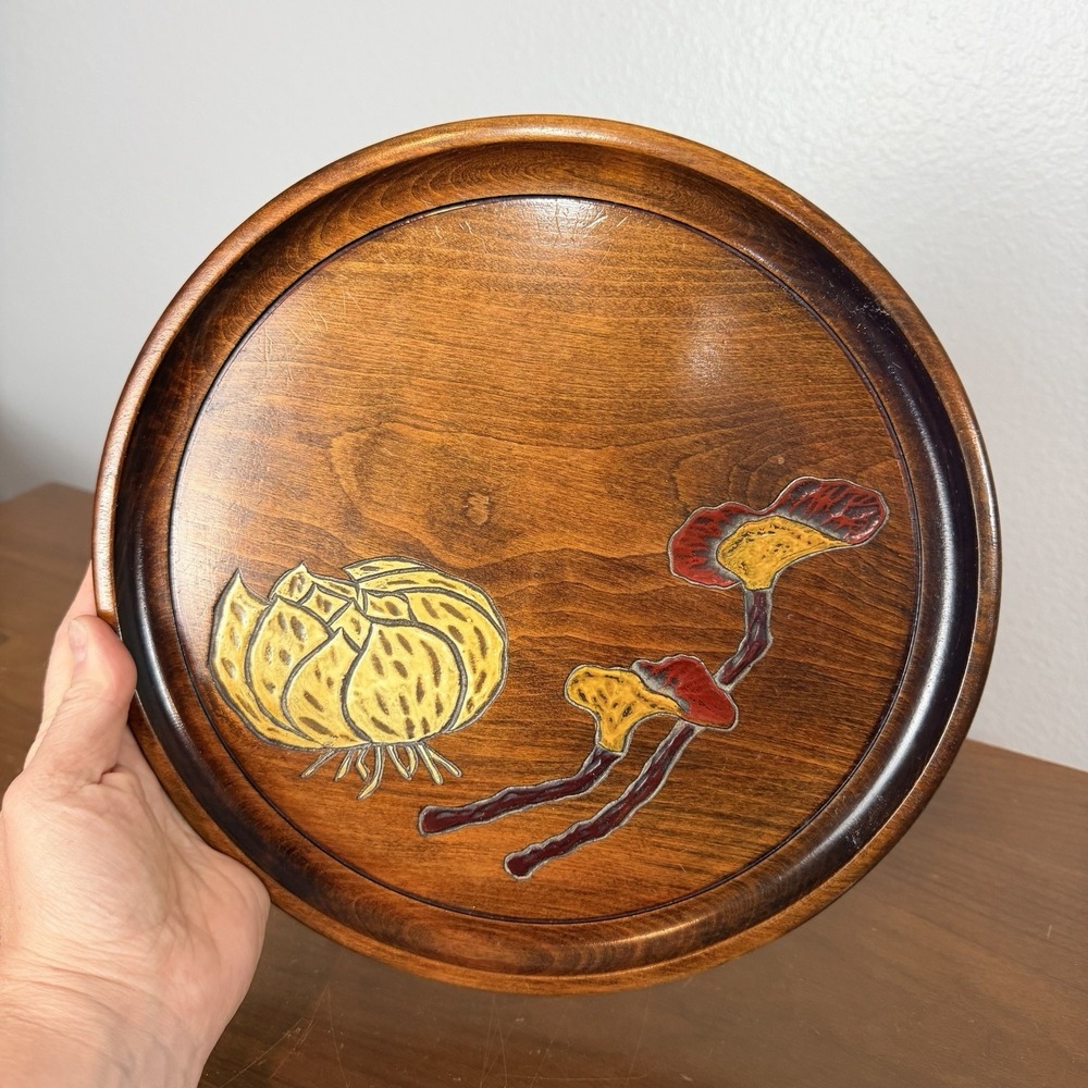 VTG Mushroom kamakura bori Wood Wall Plate Plaque‎ Decor Kitchen 70's
